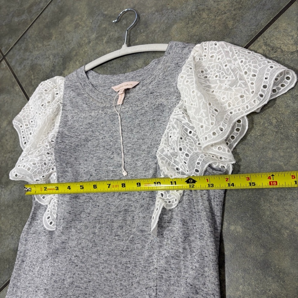 NWT Rebecca Taylor Eyelet Sleeve Jersey Dress Gray White Short Ruffle Hem Sz XS - Picture 10 of 13